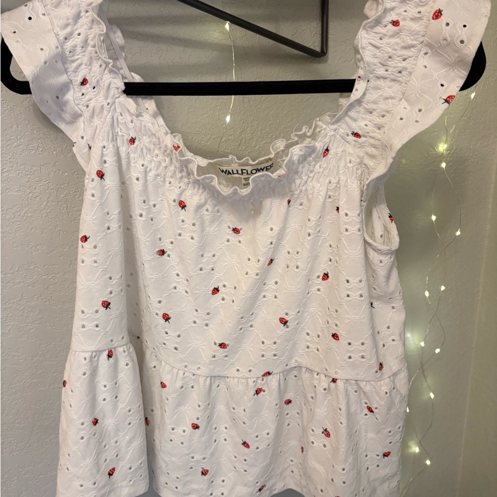 Wallflower White Eyelet Top with Embroidered Strawberries